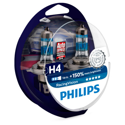Philips 12v H4 Racing Vision 150% +150% Brighter upgrade Twin Pack - Car Enhancements UK