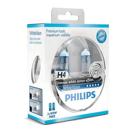 Philips White Vision Xenon Effect - H4 Twin Pack (free set of 501 Bulbs Included) - Car Enhancements UK