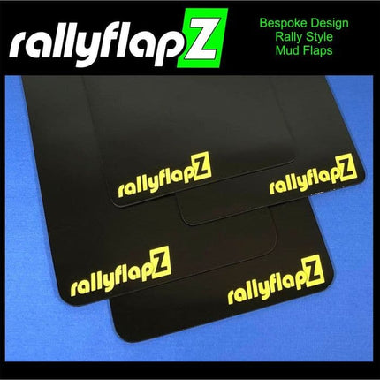 500 (2007+) BLACK MUDFLAPS (rallyflapZ Logo Yellow) - Car Enhancements UK