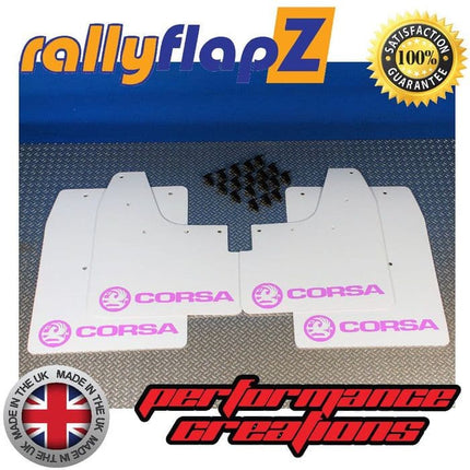 CORSA C (2000-2007) WHITE MUDFLAPS KIT (Logo Baby Pink) - Car Enhancements UK