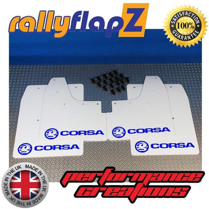 CORSA C (2000-2007) WHITE MUDFLAPS KIT (Logo Dark Blue) - Car Enhancements UK
