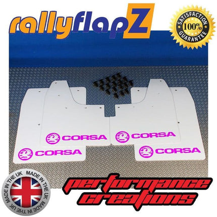 CORSA C (2000-2007) WHITE MUDFLAPS KIT (Logo Hot Pink) - Car Enhancements UK