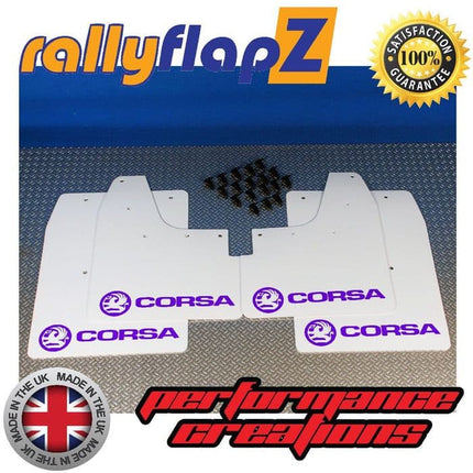 CORSA C (2000-2007) WHITE MUDFLAPS KIT (Logo Purple) - Car Enhancements UK
