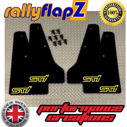 IMPREZA CLASSIC GC8 (93-01) BLACK MINIFLAPZ / SPLASH GUARDS (STI Logo Yellow) - Car Enhancements UK