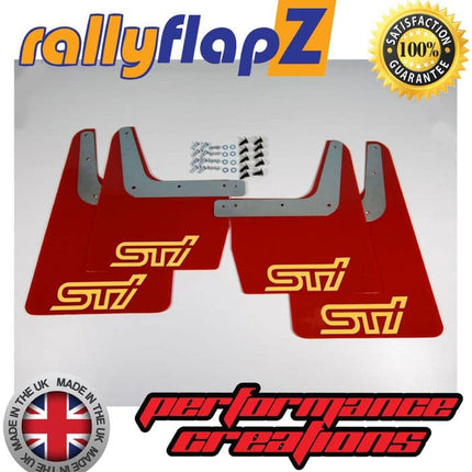 IMPREZA CLASSIC GC8 (93-01) RED MUDFLAPS 'STi' STYLE LOGO YELLOW - Car Enhancements UK