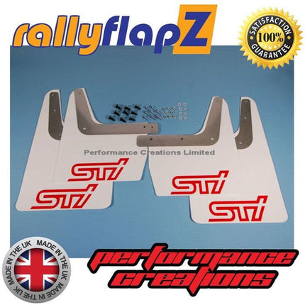 IMPREZA CLASSIC GC8 (93-01) WHITE MUDFLAPS 'STi' STYLE LOGO RED - Car Enhancements UK