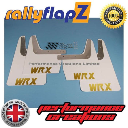IMPREZA CLASSIC GC8 (93-01) WHITE MUDFLAPS 'WRX' STYLE LOGO GOLD - Car Enhancements UK