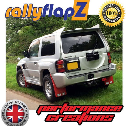 PAJERO EVOLUTION (1997-1999) 'PAJERO' RED MUDFLAPS (Ralliart Logo White R&O in Black Box) - Car Enhancements UK