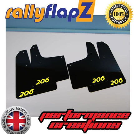 PEUGEOT 206 GTi & CC BLACK MUDFLAPS (Logo Yellow) - Car Enhancements UK
