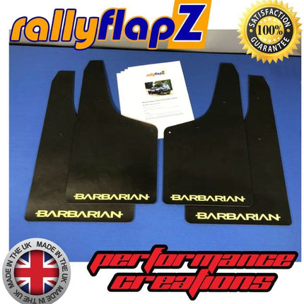SHOGUN 4th Gen (2006 to present) BLACK MUDFLAPS (Barbarian Logo Yellow) - Car Enhancements UK