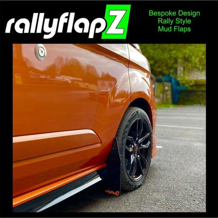 TRANSIT CUSTOM - BLACK MUDFLAPS (rallyflapZ Logo in Burnt Orange) - Car Enhancements UK
